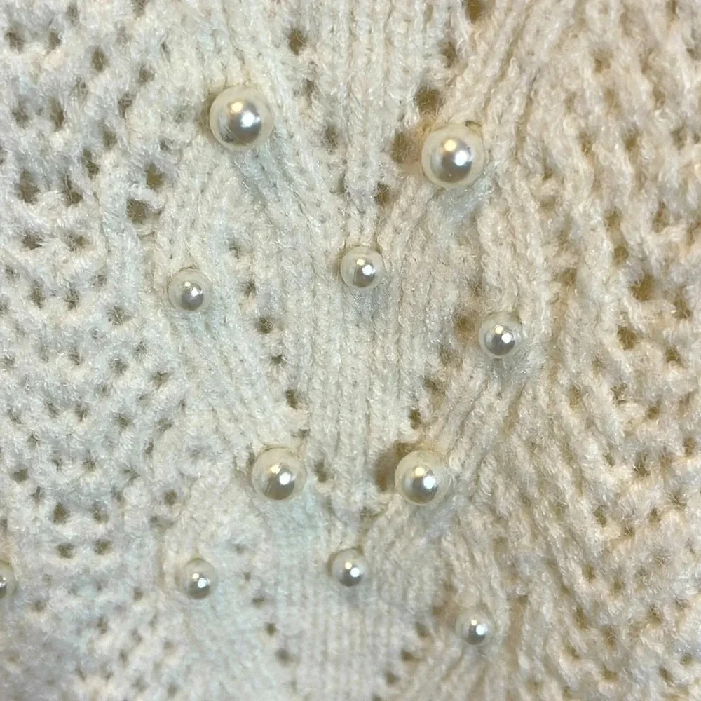 Industry Pearl Long Sleeve Ruffle Pointelle V-Neck Cable Pullover Sweater size M